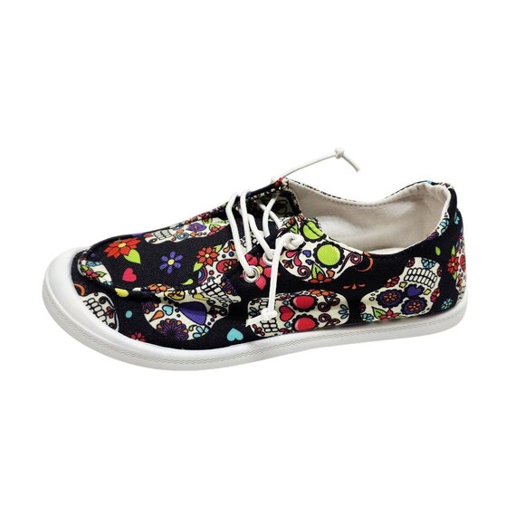 Girls Skull Pattern Shoes Size 4 Lace-Up Sneakers Sugar Skulls Day Of The Dead - Picture 1 of 11